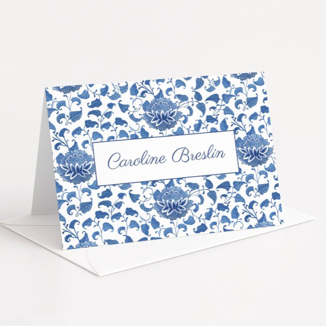 Chinoiserie Chic Blue And White Bridal Shower Thank You Card (Hand painted blue and white lotus flower chinoiserie pattern thank you card or personal stationery)