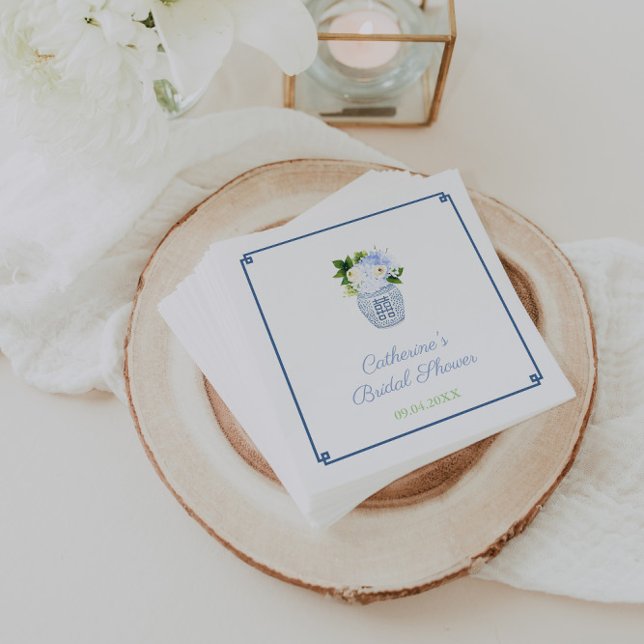 Chinoiserie Chic Blue Green Bridal Shower Party Napkin (Preppy ginger jar with blue and white flowers Bridal Shower napkins)
