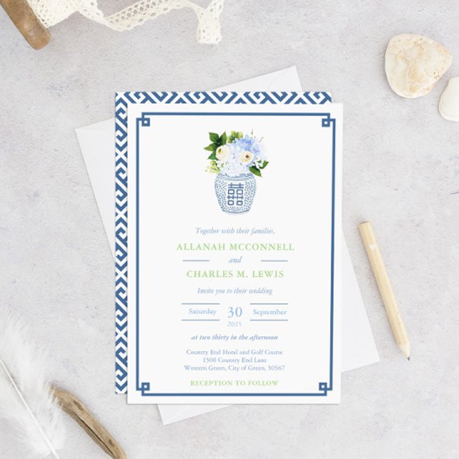 Chinoiserie Chic Blue & Green Ginger Jar Wedding Invitation (Creator Uploaded)