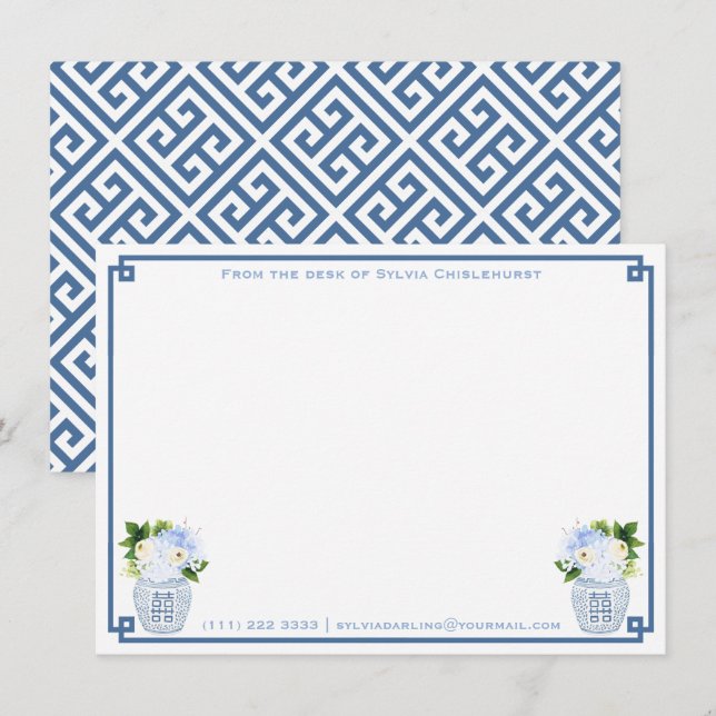 Chinoiserie Chic Blue Green Personalised Greek Key Thank You Card (Front/Back)