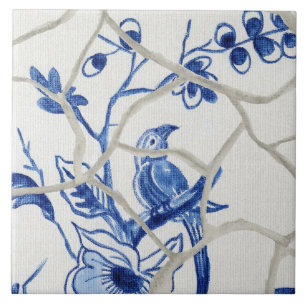 Chinoiserie Chic Blue White Chinese Bird Floral Tile