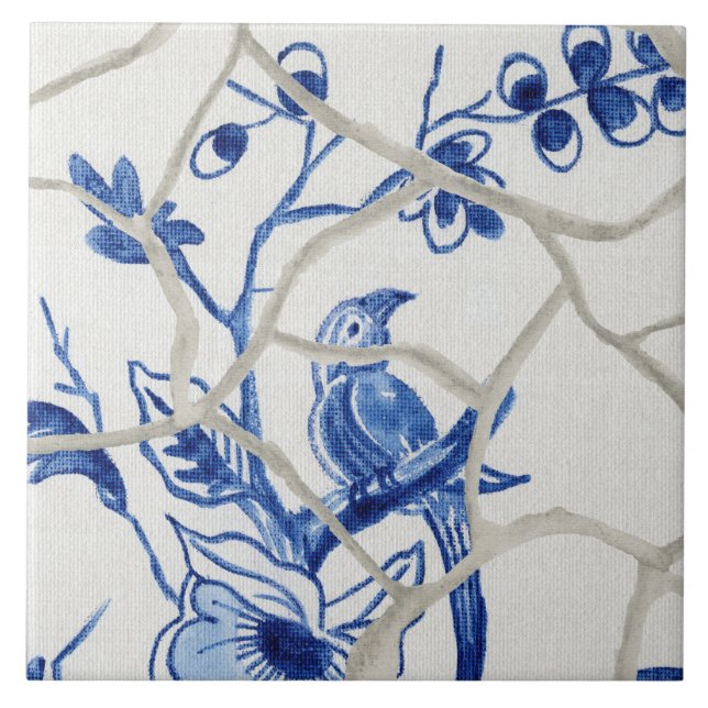Chinoiserie Chic Blue White Chinese Bird Floral Tile (Front)
