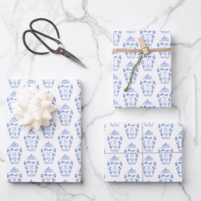 Chinoiserie Chic Blue & White Ginger Jar Monogram Wrapping Paper Sheet (Front)
