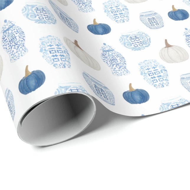 Chinoiserie Chic Blue White Pumpkins Chinese Jars Wrapping Paper (Roll Corner)