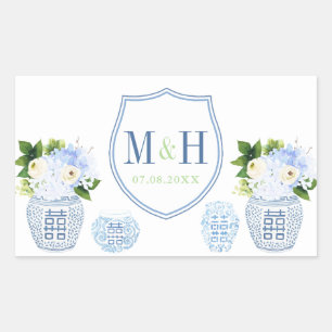 Chinoiserie Chic Blue & White Wedding Crest Favour Rectangular Sticker