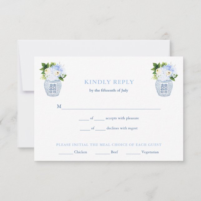 Chinoiserie Chic Blue & White Wedding Meal Choices RSVP Card (Back)