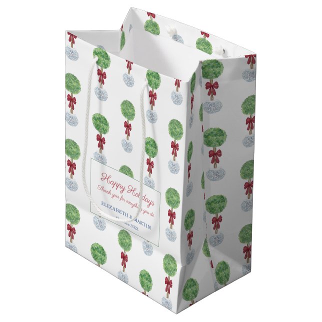 Chinoiserie Chic Boxwood Topiary Merry Christmas Medium Gift Bag (Front Angled)