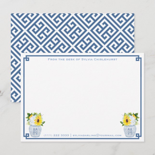Chinoiserie Chic Ginger Jar Sunflowers Dusty Blue Thank You Card (Front/Back)