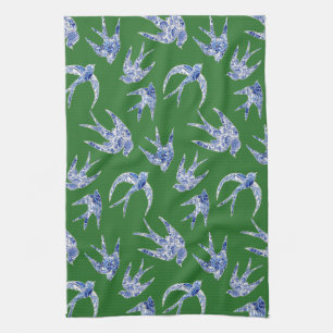 Chinoiserie Chic Green Blue White Bird Mosaic Tile Tea Towel