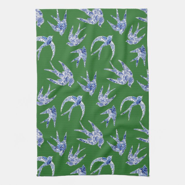 Chinoiserie Chic Green Blue White Bird Mosaic Tile Tea Towel (Vertical)