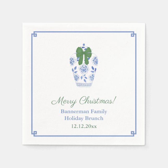 Chinoiserie Chic Green Ribbon Christmas Party Napkin (Front)