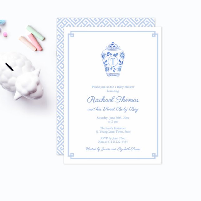 Chinoiserie Chic Monogram Sweet Baby Boy Shower Invitation (Creator Uploaded)