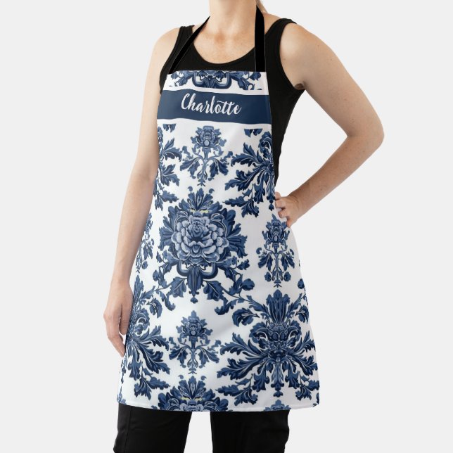 Chinoiserie Chic Navy Blue Flower Ornament Pattern Apron (Insitu)
