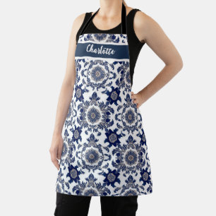 Chinoiserie Chic Navy Blue Flower Ornament Pattern Apron