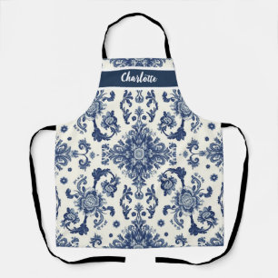 Chinoiserie Chic Navy Blue Flower Ornament Pattern Apron
