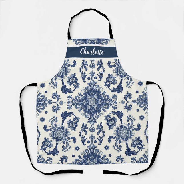 Chinoiserie Chic Navy Blue Flower Ornament Pattern Apron (Front)