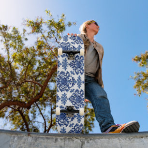 Chinoiserie Chic Navy Blue Flower Ornament Pattern Skateboard