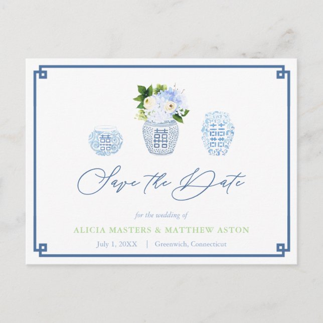 Chinoiserie Chic Navy Blue Green Save The Date Postcard (Front)