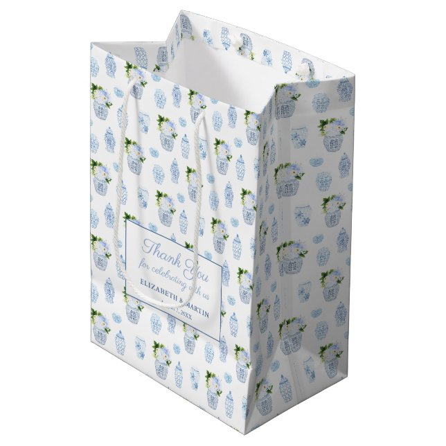 Chinoiserie Chic Navy Green Wedding Welcome  Medium Gift Bag (Front Angled)