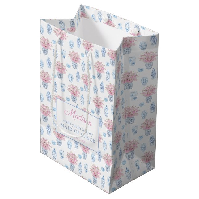 Chinoiserie Chic Pink & Blue Bridesmaids Thank You Medium Gift Bag (Front Angled)