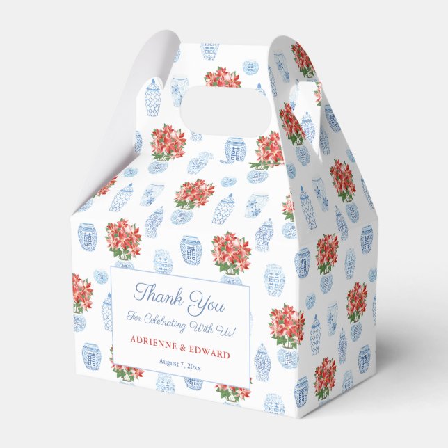 Chinoiserie Chic Poinsettia Christmas Wedding Favour Box (Front Side)