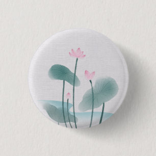 Chinoiserie Chinese Ink Wash Painting Lotus Floral 3 Cm Round Badge