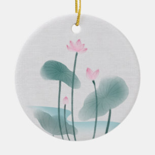 Chinoiserie Chinese Ink Wash Painting Lotus Floral Ceramic Tree Decoration