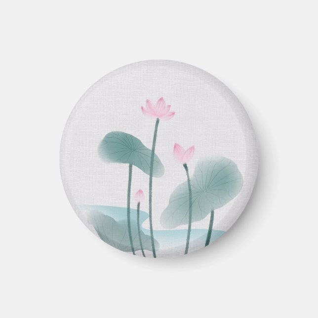 Chinoiserie Chinese Ink Wash Painting Lotus Floral Magnet (Front)