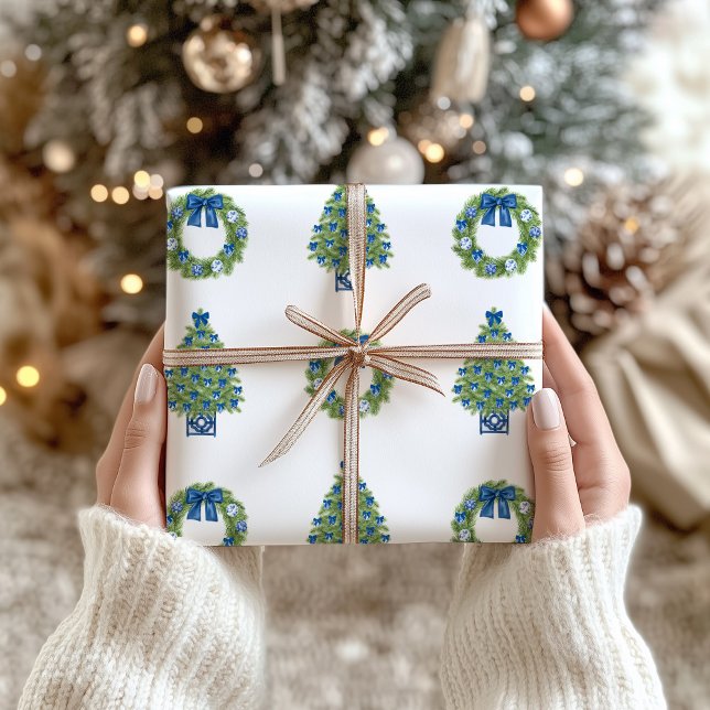 Chinoiserie Christmas Blue and White  Wrapping Paper (Chinoiserie Christmas Tree and Wreath Gift Wrapping Paper)