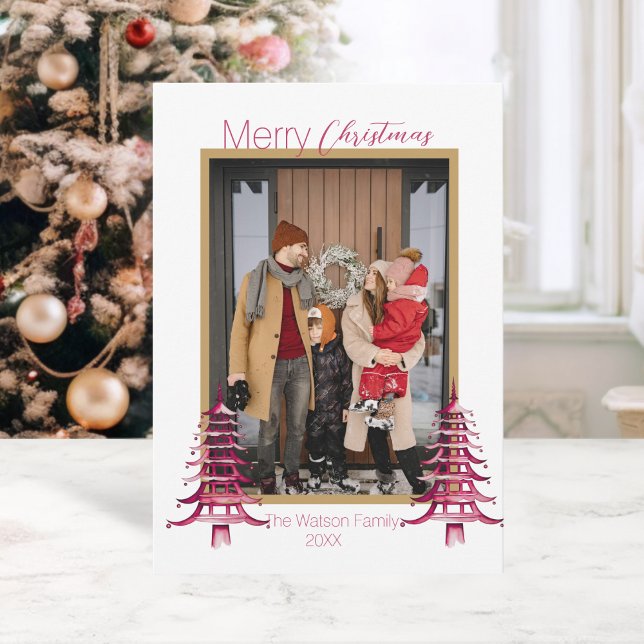 Chinoiserie Christmas Dusty Pink Pagoda 1-Photo  Holiday Card (Chinoiserie Christmas Dusty Pink Pagoda 1-Photo Holiday Card)
