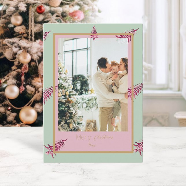 Chinoiserie Christmas  pink sage Pagoda 2Photo  Holiday Card (Chinoiserie Christmas pink sage Pagoda 2Photo Holiday Card)