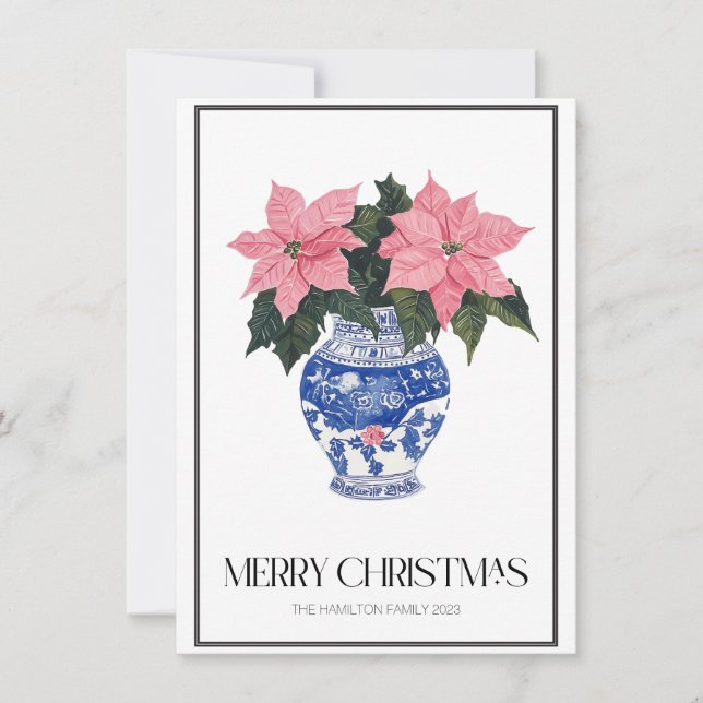 Chinoiserie Christmas Poinsettia Preppy Photo  Holiday Card (Front)