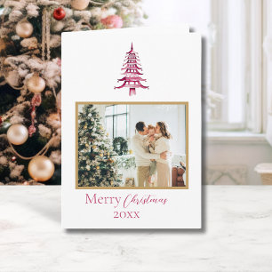 Chinoiserie Christmas Red Pagoda 1-Photo Card