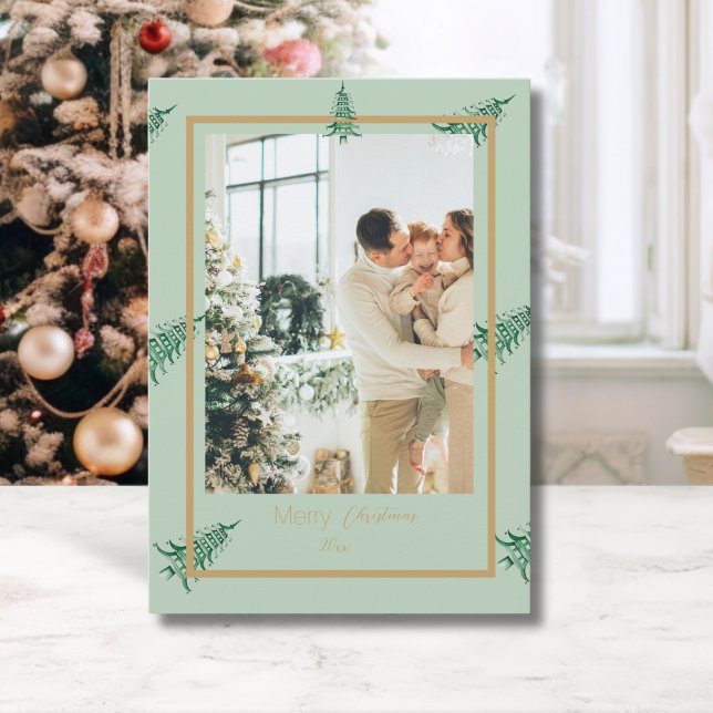 Chinoiserie Christmas  Sage Green Pagoda 2-Photo  Holiday Card (Chinoiserie Christmas Sage Green Pagoda 2-Photo Holiday Card)