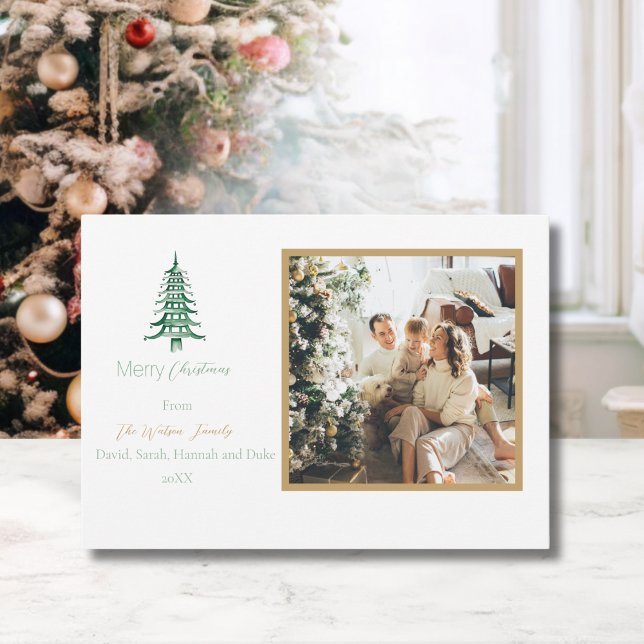 Chinoiserie Christmas Simple Green Pagoda 2-Photo  Holiday Card (Chinoiserie Christmas Simple Green Pagoda 2-Photo Holiday Card)