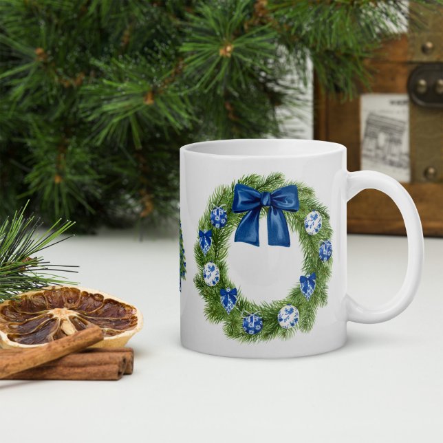 Chinoiserie Christmas Tree and Wreath  Coffee Mug (Chinoiserie Christmas wreath personalized mug)