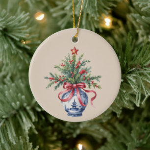 Chinoiserie Christmas Tree Red Bow Vase Vintage Ceramic Tree Decoration