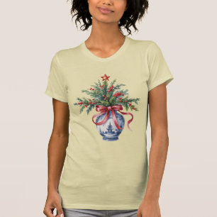Chinoiserie Christmas Tree Red Bow Vase Vintage  T-Shirt