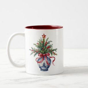 Chinoiserie Christmas Tree Red Bow Vase Vintage  Two-Tone Coffee Mug