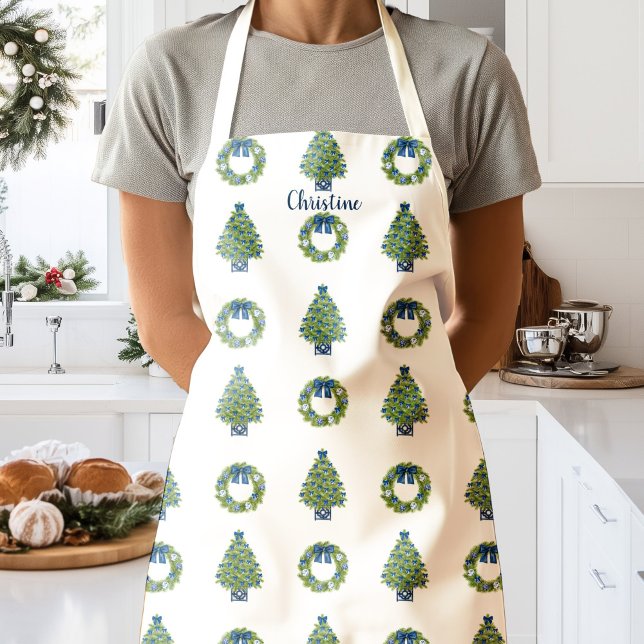Chinoiserie Christmas Trees Wreath Personalised  Apron (Personlaized Name Chinoiserie Christmas Apron White)