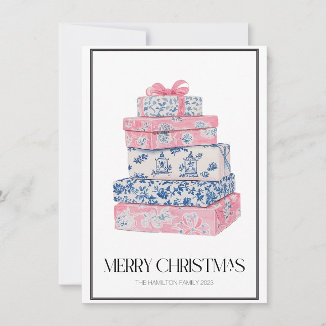 Chinoiserie Christmas Wrapped Gifts Preppy Photo  Holiday Card (Front)