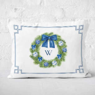 Chinoiserie Christmas Wreath Monogrammed  Decorative Cushion