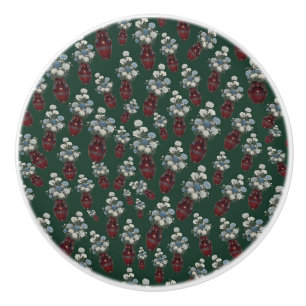 Chinoiserie Chrysathemums Vases Forest Green Ceramic Knob