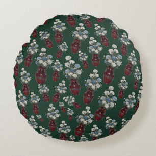 Chinoiserie Chrysathemums Vases Forest Green Round Cushion