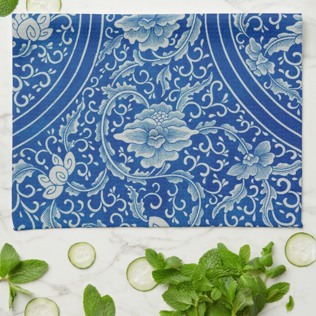 Chinoiserie Classic Chinese Floral Blue White Tea Towel (Folded)