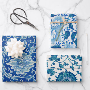 Chinoiserie Classic Chinese Floral Blue White Wrapping Paper Sheet