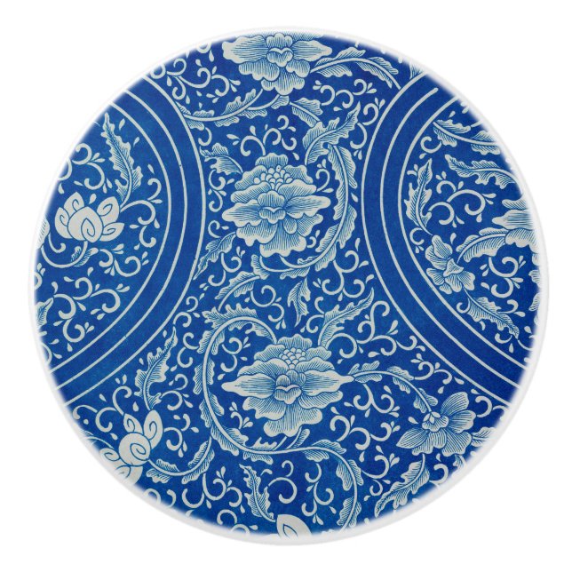 Chinoiserie Classic Chinese Floral Cobalt Blue Ceramic Knob (Front)