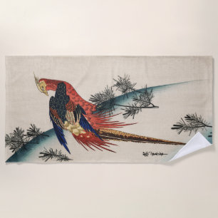 Chinoiserie Colourful Pheasant Bird & Pine Art Beach Towel