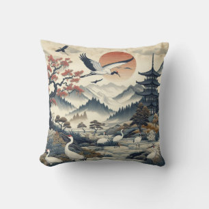 Chinoiserie Crane Bird Scenery Pattern Cushion