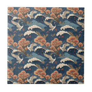 Chinoiserie Crane & Cherry Blossom Japanese Design Tile